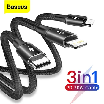 Baseus 3 v 1, USB, C Kábel PD 20W pre iPhone X 12 11 3in1 USB Micro Typ C Kábel Pre Xiao Realme Mobilného Telefónu Rýchlu Nabíjačku, Kábel