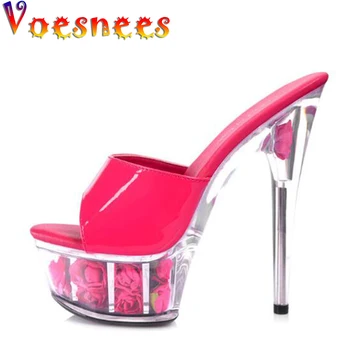 Voesnees 2021 Sexy Vysoká 15 cm Topánky Žena Platformu Letné Sandále Rose Vysokej Listov Striptíz Vysoké podpätky Plus-Veľkosť 43